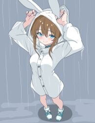 1girl absurdres amiya_(arknights) animal_hood arknights blue_collar blue_eyes blush breasts brown_hair collar commentary_request eggplant7217 full_body grey_background hands_up highres hood hood_up hooded_jacket jacket jewelry looking_at_viewer medium_breasts multiple_rings pink_nails rain ring sex_toy shoes simple_background smile sneakers solo standing vibrator vibrator_under_clothes wet white_jacket white_shoes
