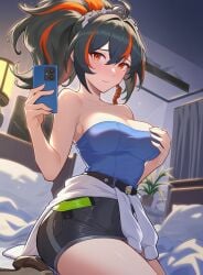 1girls 2026 ai_generated alternate_costume bed bedroom big_ass big_breasts big_butt big_thighs black_hair blushing cosplay exposed_breasts exposed_legs exposed_shoulders female female_focus female_only grabbing_own_breast holding_phone hoyoverse jill_valentine looking_at_viewer lunealter mature_female mihoyo multicolored_hair no_bra nsfw_version_available orange_eyes pale-skinned_female pale_skin ponytail sfw shy taking_picture thick_ass thick_butt thick_hips thick_legs thick_thighs zenless_zone_zero zhu_yuan