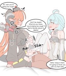 2girls absurdres ahoge bar_censor bare_shoulders barefoot bed black_hat black_horns blue_eyes blue_hair blush braid breasts censored clothing_cutout curled_horns dragon_girl dragon_horns elbow_gloves english_text feet flower_hairpin footjob futa_with_female futanari gloves green_eyes hair_between_eyes hair_ornament hairclip hat highres horns long_hair magus_(zenless_zone_zero) mechanical_horns mechanical_tail mole mole_on_shoulder multiple_girls on_bed open_mouth orange_hair orange_pupils orphie_magnusson penis physisyoon pointy_ears seed_(zenless_zone_zero) side_cutout simple_background sound_effects speech_bubble suit tail thigh_cutout thighhighs toes twintails two-footed_footjob white_background white_gloves white_suit zenless_zone_zero