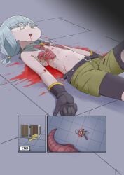 absurd_res ambiguous_gender big_breasts black_clothing black_legwear black_pantyhose blood blue_eyes bodily_fluids bottomwear bra breast_reduction breasts clothed clothing coin comic crying death denim denim_bottomwear denim_clothing denim_shorts dragon female female/ambiguous flat_chested gem gore green_hood hard_vore hi_res huge_breasts human ikenbako jewelry legwear mammal mythological_creature mythological_scalie mythology pantyhose red_body red_bra red_clothing red_scales red_underwear ribs saliva scales scalie shorts shortstack snuff sucking tears topless treasure_chest underwear yellow_eyes