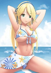 1girl arms_behind_head ball_(object) beach beach_ball blonde_hair blue_hair_ribbon busty clouds exercise exercising green_eyes inflatable katsuragi_(senran_kagura) large_breasts looking_at_viewer marvelous ocean on_ball pattern_bikini plump_breasts pool_toy senran_kagura shinobi sitting sitting_on_ball sitting_on_beach_ball soft_smile summer thick_thighs thighs underboob