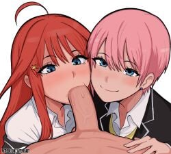1boy 2girls ahoge asahiyama_high_school_uniform blue_eyes commission earrings fellatio ffm_threesome go-toubun_no_hanayome group_sex hair_ornament hetero highres jaypyroart jewelry long_hair long_sidelocks looking_at_viewer multiple_girls nakano_ichika nakano_itsuki oral penis pink_hair pov red_hair school_uniform short_hair siblings sidelocks sisters smile star_(symbol) star_hair_ornament threesome uncensored white_background