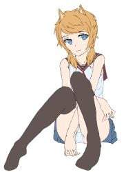 1girls blonde_hair blue_eyes cat_girl catgirl danganronpa_another fanganronpa female female_only inori_kanata panty_shot school_uniform solo solo_female thighhighs white_panties