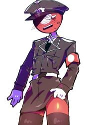 black_stockings black_thighhighs blushing blushing_at_viewer countryhumans down_view no_panties no_pants no_underwear showing_leg submissive_male third_reich_(countryhumans) upper_body