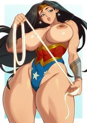 1girls 2d arm_guards big_lips black_hair blue_eyes blue_sky blue_underwear breasts casual_exposure corset dc dc_comics diana_of_themyscira diana_prince doreko earrings exposed_breasts facing_viewer giant_breasts headband large_breasts lasso_of_truth looking_down low-angle_view massive_breasts muscular muscular_female shiny_skin solo standing star_earrings tagme thick_thighs tiara topless wonder_woman wonder_woman_(series) wonder_woman_outfit