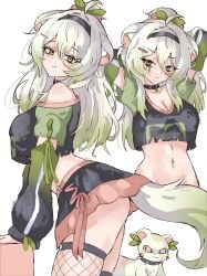 1girl absurdres ahoge animal_ears arched_back ass baddie black_collar black_hairband black_shirt black_skirt breasts cleavage closed_mouth collar commentary cropped_shirt ddrawins detached_sleeves english_commentary ferret_ears ferret_girl ferret_tail fishnet_thighhighs fishnets gradient_hair green_eyes green_hair hair_between_eyes hairband highres indie_virtual_youtuber laimu large_breasts looking_at_viewer makeup multicolored_hair multiple_views navel_piercing piercing ponytail runny_makeup shirt skirt thighhighs thighs torn_clothes torn_shirt virtual_youtuber vtuber white_background white_hair