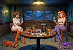 ai_generated ass bra breasts daphne_blake erect_nipples pantyhose playing_cards scooby-doo strip_poker thighs velma_dinkley