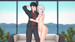1boy 1girls arrancon black_hair clothed_male nude_female profile qrow_branwen red_eyes rwby suit suit_and_tie white_hair white_hair_female willow_schnee