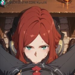 1girls ai_generated artist_name artist_signature black_pants darling_in_the_franxx fellatio green_eyes hetero hi_res high_resolution highres kneeling kurutai long_hair nana_(darling_in_the_franxx) oral pants penis pov red_hair school_uniform shoes solo_focus subscribestar subscribestar_username uncensored