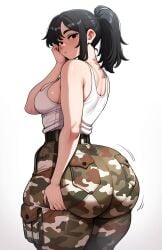 1girl 1girls ai_generated ass_focus back_view big_ass big_ass_(female) black_eyes black_hair camouflage camouflage_pants fat_ass female female_focus female_only light-skinned_female light_skin looking_at_viewer military_pants mrnails pants ponytail rear_view solo solo_female tank_top thick_thighs thighs tight_clothing tight_pants white_background