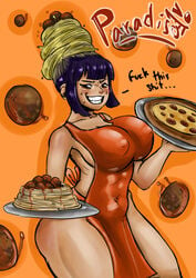 borrowed_character command_grab covered_nipples fake_smile food food_on_head huge_breasts meatball naked_apron nuclearwasabi original purple_hair red_apron serving_tray shinobupp spaghetti spaghetti_bolognese thick_thighs