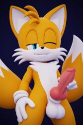 1boy 3d ai_generated ballsack blue_eyes canine canine_genitalia canine_humanoid canine_nose canine_penis fox fox_humanoid gloves holding_penis looking_at_viewer male male_only masturbation nude nude_male simple_background smiling_at_viewer snout tails_the_fox white_fur winking_at_viewer yellow_fur