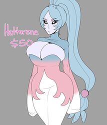 1girls 6:7 bare_legs bare_thighs big_breasts black_eyes black_sclera blue_hair bluueygooey breasts cleavage cleavage_cutout curvy eyebrows eyebrows_visible_through_hair eyelashes female female_only grey_background hair hatterene hips huge_breasts humanized humanoid large_breasts long_hair long_sleeves personification pokemon pokemon_(species) ponytail simple_background solo solo_female standing thick thick_thighs thighs very_long_hair voluptuous white_pupils wide_hips