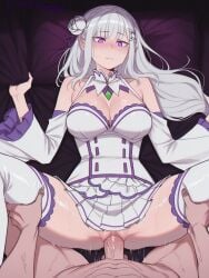 1girls ai_generated blunt_bangs blush emilia_(re:zero) hair_clips hair_ornament hair_ribbon long_hair medium_breasts patreon patreon_username re:zero_kara_hajimeru_isekai_seikatsu white_hair xzollosez