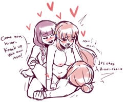 3girls bang_dacy blunt_bangs blush bocchi_the_rock! braid_over_shoulder breasts closed_eyes completely_nude cube_hair_ornament english_commentary english_text fdd_threesome futa_with_female futanari girl_on_top gotoh_hitori gotoh_michiyo group_sex hair_bun hair_ornament hair_over_shoulder hand_on_another's_cheek hand_on_another's_face heart hiroi_kikuri implied_futanari implied_sex incest large_breasts long_hair mother_and_child mother_and_daughter multiple_girls nipples nude parent_and_child pink_hair purple_hair sharp_teeth simple_background teeth threesome white_background