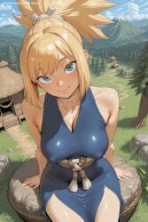 1girl ai_generated bangs bare_shoulders blonde_hair blue_eyes blush breasts choker cleavage covered_nipples day dr.stone grass hi_res high_quality high_resolution kohaku_(dr.stone) large_breasts long_hair looking_at_viewer mountain outdoors patreon ponytail savvyraexo seductive sexy sitting smile solo tree uncensored watermark