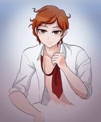 1boy brown_eyes danganronpa_another fanganronpa ginger ginger_hair ginger_male maeda_yuki male male_only necktie only_male open_shirt orange_hair shirtless_male solo solo_male utsuro