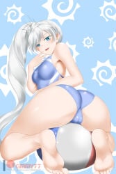 1girl aqua_eyes armpit artist_name ass ass_focus ball_(object) bare_soles beach_ball big_ass breasts cameltoe competition_swimsuit compressed feet heavenly_ass inflatable kimmy77 looking_at_viewer looking_back medium_breasts on_ball open_mouth patreon_username plump_ass ponytail pool_toy presenting_hindquarters rwby school_swimsuit shiny_skin simple_background sitting sitting_on_ball sitting_on_beach_ball smirk smirking_at_viewer smug soles squish squishing teasing teasing_viewer weiss_schnee white_hair white_swimsuit