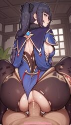 1boy 1girl 2026 ai_generated artist_name ass cowgirl_position fat genshin_impact girl_on_top hetero hi_res high_quality highres long_hair mona_(genshin_impact) nude pantyhose patreon patreon_username pinkname riding straddling sweat torn_clothes torn_legwear torn_leotard twintails watermark woman_on_top