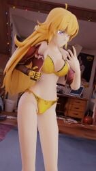 1girls 3d bedroom big_breasts blonde_hair bra breasts busty cellphone cleavage female female_only hi_res large_breasts legs long_hair navel open_clothes open_jacket purple_eyes rwby selfie smartphone smile solo thighs thong toned voluptuous yang_xiao_long