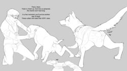 16:9 baggy_clothing canid canine canis clothing dialogue domestic_dog duo feces feral hi_res human jager-darklite male male/male mammal monochrome scat scat school school_uniform soiling_underwear species_transformation torn_clothing transformation uniform widescreen