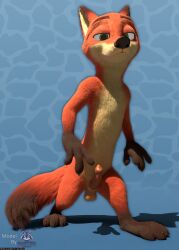 3_toes 3d_(artwork) 4_fingers animal_genitalia anthro balls black_nose blender_(artwork) blender_cycles_(artwork) blue_background canid canine canine_genitalia claws countershading digital_media_(artwork) disney english_text erection feet fingers fox front_view fur genitals gloves_(marking) green_eyes hi_res knot looking_at_viewer male mammal markings mouth_closed nick_wilde orange_body orange_fur penis pink_penis rasterraccoon red_fox simple_background solo standing text toes true_fox watermark zootopia