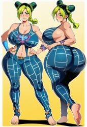 1girls ai_generated ass_outline ass_visible_through_clothes breasts_bigger_than_head child_bearing_hips feet female_only foot_fetish huge_ass huge_breasts jojo's_bizarre_adventure jolyne_kujo multiple_views sideboob simple_background skimpy skimpy_clothes superbotux thick_ass thick_thighs tight_clothing tight_fit wide_hips wide_thighs