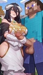 1girl 2026 ai_generated albedo_(overlord) artist_name bare_shoulders black_hair boobs breasts brick_wall bust chest cock dick erection hi_res high_quality highres hip_vent horns large_penis mosaic_censoring overlord_(maruyama) patreon patreon_username penis pinkname smile testicles tiles tits watermark