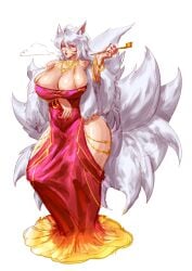 cleavage curvy dress facial_markings fox_girl gigantic_breasts holding_pipe kitsune long_hair one-piece_dress side_slit smoking_pipe thick_thighs voluptuous white_hair wide_hips