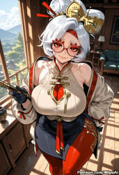 1girl ai_assisted ai_generated bare_shoulders breasts curvaceous curvy curvy_female curvy_figure female from_above glasses gloves hair_bun huge_breasts lips looking_at_viewer mature_female milf miyuai pantyhose purah red_eyes short_hair silver_hair skirt smile solo the_legend_of_zelda thick thick_ass thick_butt thick_hips thick_legs thick_thighs voluptuous voluptuous_female white_hair wide_hips wide_thighs