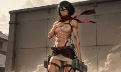 1girls abs ai_generated areolae attack_on_titan black_eyes black_hair breasts female female_only looking_at_viewer medium_breasts mikasa_ackerman muscular muscular_female nipples scarf shingeki_no_kyojin shiny shiny_hair shiny_skin short_hair tagme topless