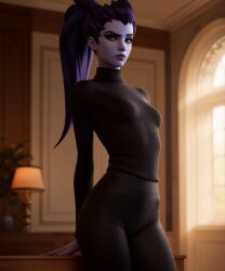 1girls 2d 2d_(artwork) ai_assisted ai_generated amelie_lacroix blizzard_entertainment blurry_background clothed clothing dark_blue_hair digital_drawing_(artwork) digital_media_(artwork) female female_focus female_only french french_female hi_res high_quality high_resolution highres latex latex_clothing looking_at_viewer overwatch pants ponytail pose posing presenting purple_body purple_skin showing_off thick_thighs widowmaker yellow_eyes