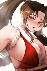 1girls absurdres areola areolae arm_up armpit_fetish armpit_focus armpits blush blushing bracer breasts brown_hair cleavage eyebrows_visible_through_hair fatal_fury female female_focus female_only highres japanese_clothes king_of_fighters large_breasts long_hair looking_at_viewer mai_shiranui mouth_hold mute_(mute89539160) ninja nipple_slip nipples obi pink_nipples ponytail presenting_armpit sash sideboob simple_background snk solo sweat sweat_stain sweatdrop sweaty sweaty_armpit sweaty_armpits upper_body yellow_eyes