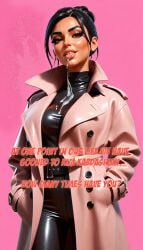 ai_assisted brown_eyes celebrity clothed clothing dark_hair drool drooling encouragement english_text female fortnite_style goonable kim_kardashian kim_kardashian_(fortnite) leather leather_clothing leather_jacket looking_at_viewer nordenfuta pink_background question solo_female solo_focus sweat sweatdrop sweating tan_skin text updo