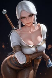 1girls ai_generated breasts card cd_projekt_red ciri clothing curvy_female female gloves green_eyes gwent light-skinned_female light_skin looking_at_viewer mascara no_bra penguih presenting_breasts scar seductive_look solo solo_female sword the_witcher_(series) the_witcher_3:_wild_hunt white_hair