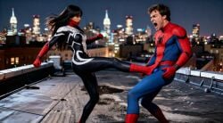 ai ai_assisted ai_generated asian asian_female ballbusting balls balls_bulge ballsack black_hair breasts brunette_hair bulge bulge_through_clothing cindy_moon dark_hair face_mask female_domination femdom hoop_earrings kick kicking kicking_balls marvel marvel_comics nighttime peter_parker rattoilet rooftop screaming spider-man testicles yelling