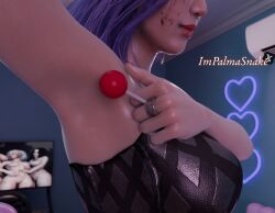 1girl 1girls 3d 3d_(artwork) armpit armpit_fetish armpit_focus asian_female big_breasts black_leather blender clothed clothed_female dbd dead_by_daylight female_focus female_only gamer_girl idol impalmasnake lolipop mina_(dead_by_daylight) neon_lights purple_hair smile sweaty_body the_trickster the_trickster_dbd waifu wet_body wet_skin