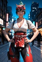 1futa ai_generated breasts brown_eyes bulge bulge_through_clothing erection_under_clothes fit fit_futa futanari green_hair kiriko_(overwatch) kiriko_kamori overwatch overwatch_2 short_hair sparcy