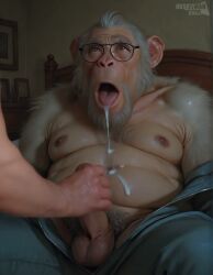 ai_generated albino belly body_hair chimpanzee chubby_male cum_on_body cumming ejaculation fat_body fat_male gay glasses_on_face huskyman huskyman24 male_breasts masturbation older_male primate stroking_cock tagme video
