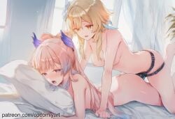 2026 2girls ai_generated ass blonde_hair blue_eyes blue_hair blush bow-shaped_hair breasts cocomiyart collarbone colored_tips completely_nude curtains dildo drooling feather_hair_ornament flower genshin_impact gradient_hair hair_flower hair_ornament half-closed_eyes highres indoors long_hair lumine_(genshin_impact) lying medium_breasts multicolored_hair multiple_girls nipples nsfw nude on_bed on_stomach open_mouth pillow pink_hair prone_bone purple_eyes saliva sangonomiya_kokomi sex sex_from_behind sex_toy short_hair_with_long_locks sidelocks smile strap-on sweat uncensored vaginal window yellow_eyes yuri