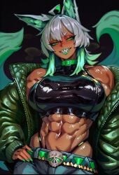 1girl 2026 2d abs absurd_res absurd_resolution absurdres ahoge ai_generated animal_ears belt black_background breasts crop_top dark-skinned_female dark_skin fox_ears green_eyes green_eyeshadow green_hair green_lips green_nails grey_hair hand_on_own_hip hi_res high_quality high_resolution highres image jacket large_breasts looking_at_viewer maddogai midriff multicolored_hair muscular muscular_female navel oc open_clothes open_jacket original original_character pants patreon patreon_username sharp_teeth shiny_skin smile solo sweat sweatdrop sweating sweaty sweaty_body tail teeth uncensured underwear watermark wet wet_body