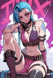1girls ai_generated blue_hair female female_only jinx_(league_of_legends) league_of_legends long_hair shiny_hair shiny_skin tagme