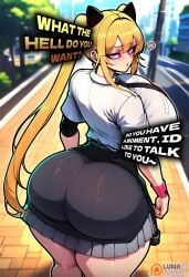 1girl 2026 ? ai_generated ass ass_focus black_necktie blonde_hair breasts curvy english_text from_behind huge_ass huge_breasts large_breasts long_hair looking_at_viewer looking_back lumarabbit miniskirt necktie outdoors patreon_username pink_eyes pleated_skirt purple_eyes rachel_de_murat road school_uniform shirt skirt solo thick_thighs thighs twintails web_address webtoon white_shirt wide_hips