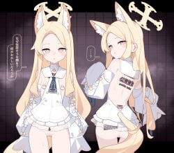 ... 1girl absurdres adapted_costume animal_ear_fluff animal_ears ascot ass backless_dress backless_outfit bare_shoulders blonde_hair blue_archive blush body_writing breasts change_in_common_sense cowboy_shot detached_sleeves dress forehead fox_ears fox_girl fox_tail halo highres hypnosis long_hair long_sleeves looking_at_viewer mikokomiyazawa mind_control multiple_views necktie nipple_jewelry nipple_piercing nipple_rings nipples orange_eyes parted_bangs parted_lips piercing pussy revealing_clothes ring_piercing seia_(blue_archive) sidelocks sleeves_past_wrists small_breasts speech_bubble spoken_ellipsis tail tattoo translation_request uncensored very_long_hair white_dress white_sleeves yellow_halo