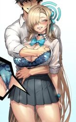 1boy 1girls ass_visible_through_thighs asuna_(blue_archive) black_hair black_pants black_skirt blonde_hair blue_archive blue_bra blue_eyes blue_panties blush bow_bra bowtie bra breast_grab breasts cameltoe choker cleavage dynamitenatalia faceless_male grabbing grabbing_from_behind grin groping gyaru hair_over_one_eye hair_ribbon halo heart-shaped_pupils hi_res hug inset lace-trimmed_bra lace-trimmed_panties lace_trim large_breasts looking_at_viewer mole mole_on_breast nail_polish open_clothes panties pleated_skirt pussy_juice pussy_juice_drip school_uniform scrunchie sensei_(blue_archive) simple_background skirt smile standing straight teeth very_long_hair white_background white_shirt wrist_scrunchie