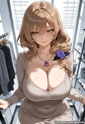 1girl ai_assisted ai_generated bangs blush breasts brown_hair cleavage covered_navel curvaceous curvy curvy_female curvy_figure dress female flower genshin_impact green_eyes hair_ornament huge_breasts jewelry lisa_(genshin_impact) long_hair looking_at_viewer mature milf miyuai necklace rose smile solo_focus thick thick_ass thick_butt thick_hips thick_legs thick_thighs voluptuous voluptuous_female wide_hips wide_thighs