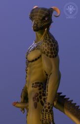 2021 3d_(artwork) anthro argonian bethesda_softworks derkeethus digital_media_(artwork) erection from_behind_(disambiguation) genitals green_body green_scales horn looking_back male male_only nude penis scales scalie simple_background solo solo_male sorok17 the_elder_scrolls thigh_up video_games white_eyes