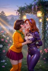 ai_generated big_breasts daphne_blake latex latex_bodysuit lesbian_couple lesbian_kiss rope_bondage scooby-doo thighs velma_dinkley