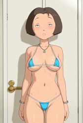 ai_generated barely_clothed bikini blue_bikini blushing female female_focus female_only micro_bikini milf sexy_female short_hair sideboob solo solo_female solo_focus standing the_weekenders tino's_mom underboob