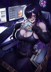 1girls abs absurd_res athletic athletic_female biceps big_boobs big_breasts big_thighs blush blush_lines blushing breasts_bigger_than_head curvy curvy_body curvy_female curvy_figure glasses goddess_of_victory:_nikke highres huge_boobs huge_breasts huge_thighs label_(nikke) long_hair looking_at_viewer muscular muscular_arms muscular_female purple_eyes solo solo_female solo_focus squigglesfc sweat thick_thighs voluptuous voluptuous_body voluptuous_female